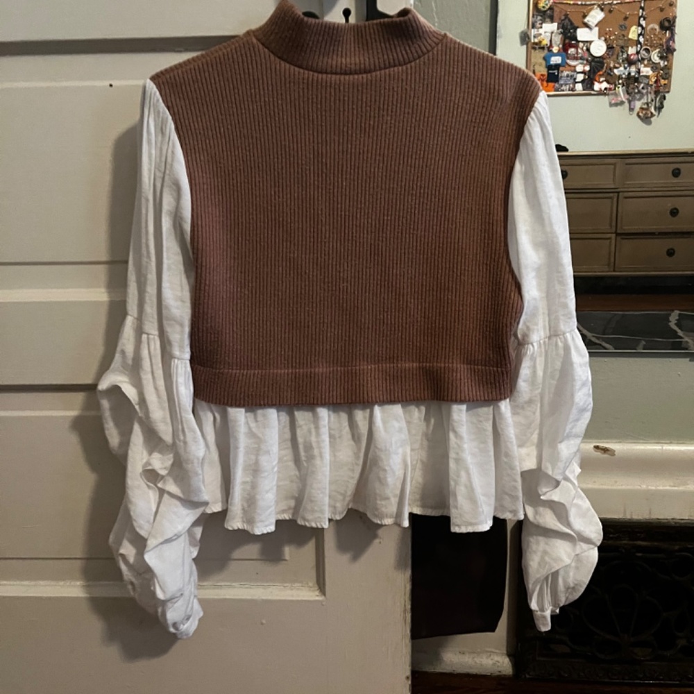 Anthropologie Ribbed Sweater Vest and Ruffled Blouse - Picture 2 of 4
